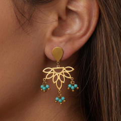 Popular Ethnic Style Gold Hollow Earrings Bohemian Fan-Shaped Turquoise Earrings stainless steel earrings