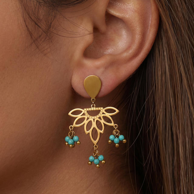 Popular Ethnic Style Gold Hollow Earrings Bohemian Fan-Shaped Turquoise Earrings stainless steel earrings