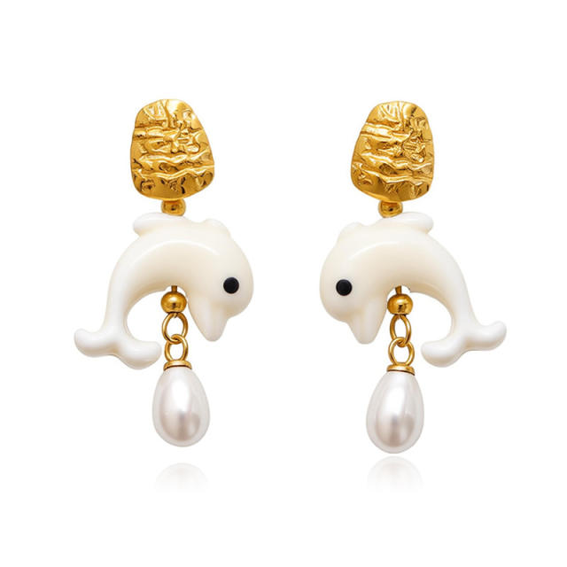 Vintage Gold Flower Earrings Versatile Dolphin Heart Pearl stainless steel earrings