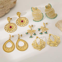 Popular Ethnic Style Gold Hollow Earrings Bohemian Fan-Shaped Turquoise Earrings stainless steel earrings