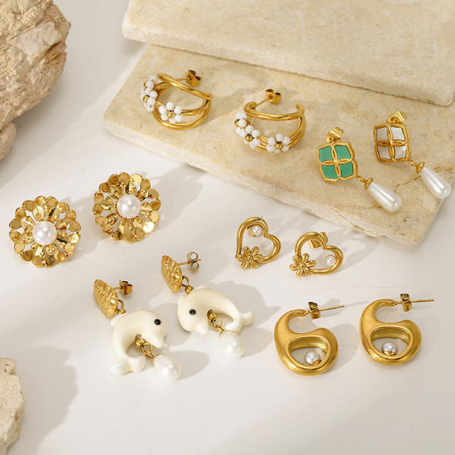 Vintage Gold Flower Earrings Versatile Dolphin Heart Pearl stainless steel earrings
