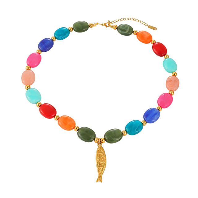 Summer colorful glass ball bead stainless steel pendant necklace for women