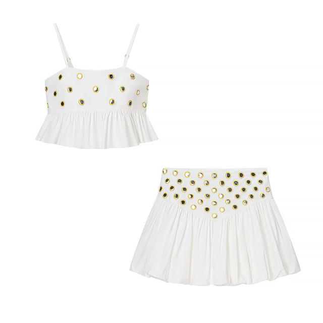 New Summer Pure Color Suspender Short Top High Waist Skirt set for women