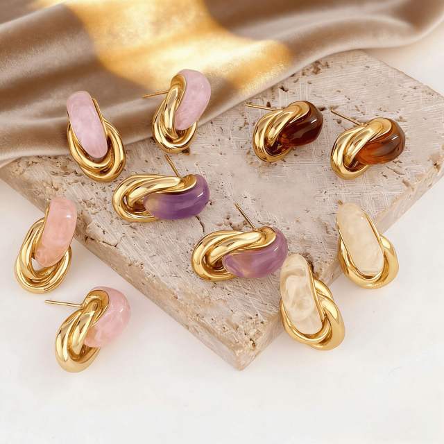 French Retro Twist Earrings colorful acrylic resin stainless steel earrings