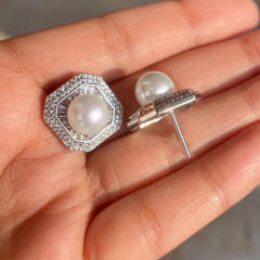 Zircon-Encrusted Imitation Pearl Earrings