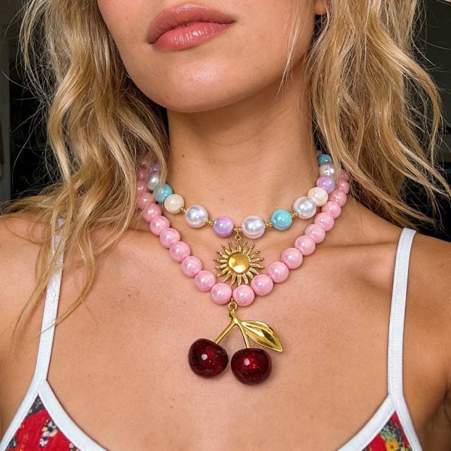 Sweet colorful acrylic resin bead chain stainless steel pendant necklace