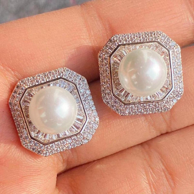 Zircon-Encrusted Imitation Pearl Earrings