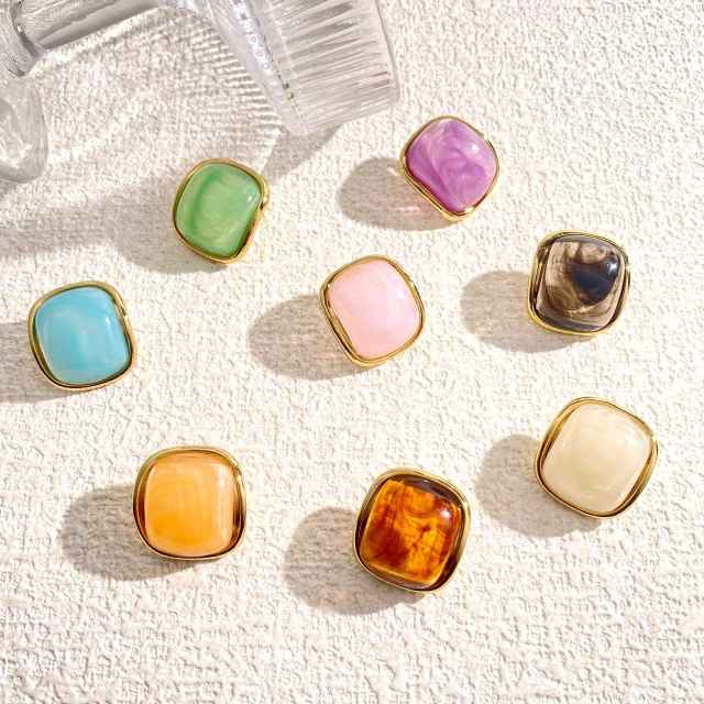 Square shape colorful resin stainless steel earrings studs