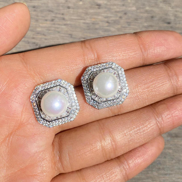Zircon-Encrusted Imitation Pearl Earrings