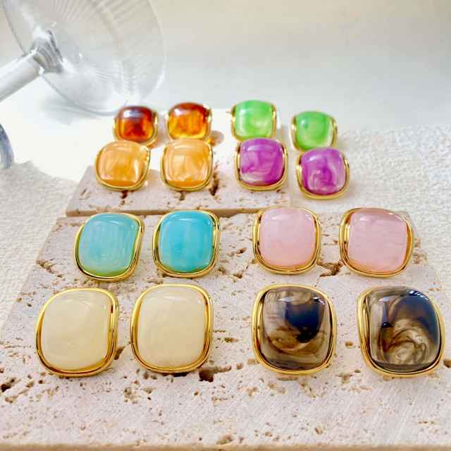 Square shape colorful resin stainless steel earrings studs