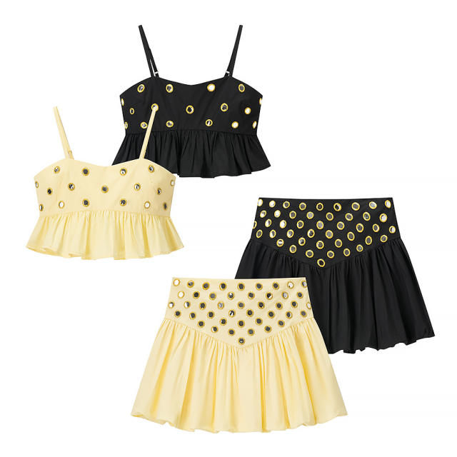 New Summer Pure Color Suspender Short Top High Waist Skirt set for women