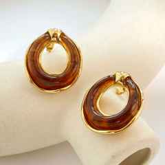 Concise colorful resin circle shape stainless steel earrings