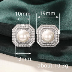 Zircon-Encrusted Imitation Pearl Earrings