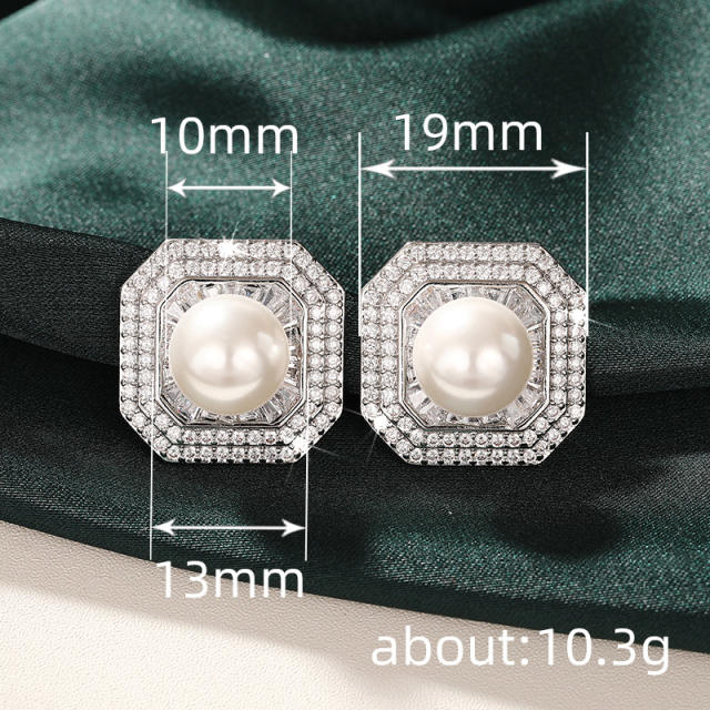 Zircon-Encrusted Imitation Pearl Earrings