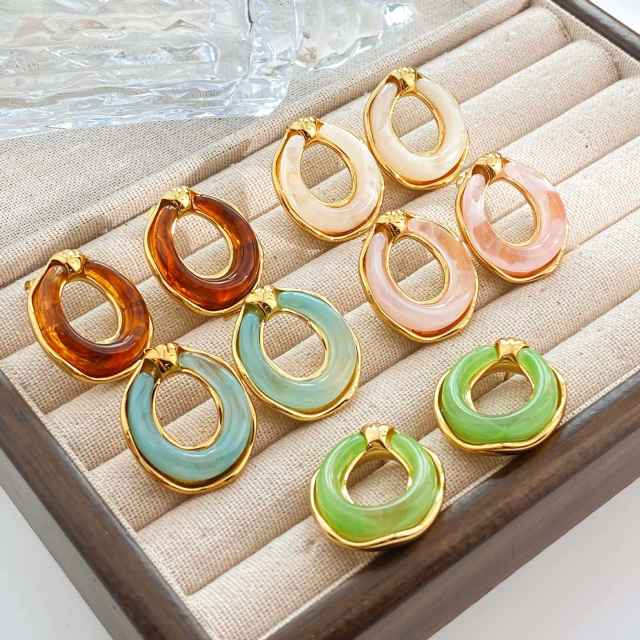 Concise colorful resin circle shape stainless steel earrings