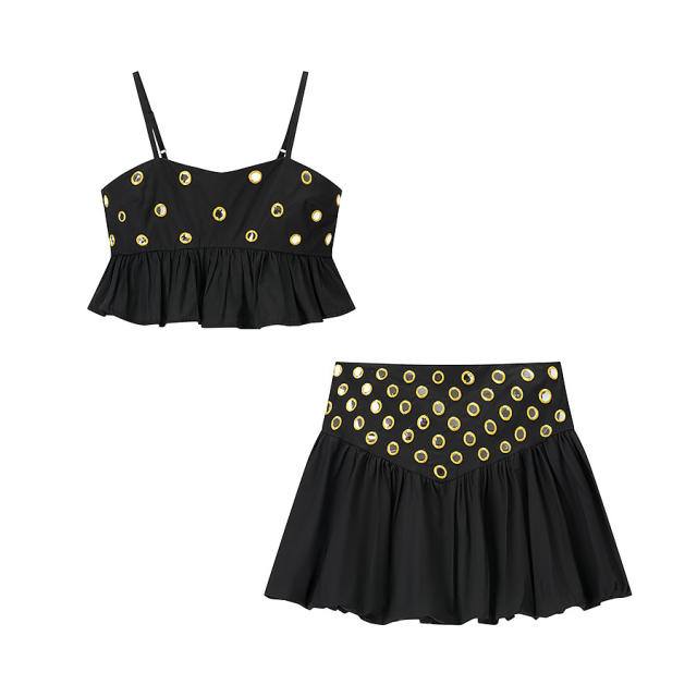New Summer Pure Color Suspender Short Top High Waist Skirt set for women