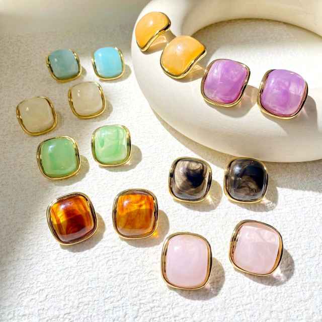 Square shape colorful resin stainless steel earrings studs