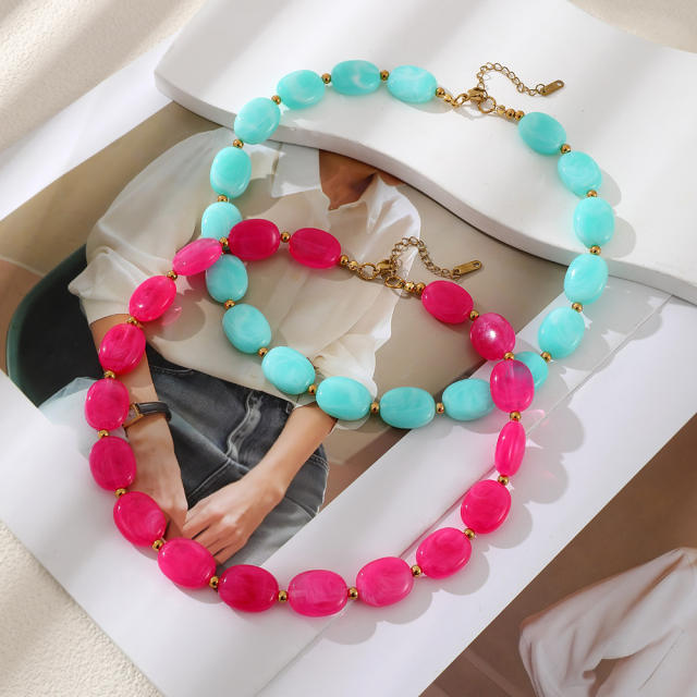 Bohemian Simple Fashion Versatile Colorful Oval Resin Beaded Necklace