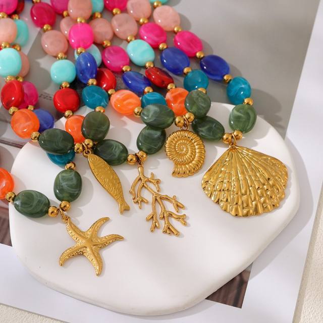 Summer colorful glass ball bead stainless steel pendant necklace for women
