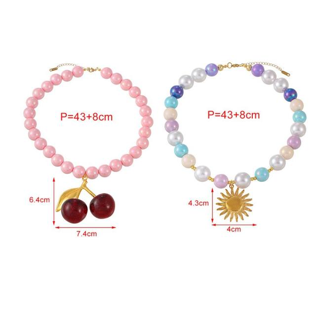 Sweet colorful acrylic resin bead chain stainless steel pendant necklace