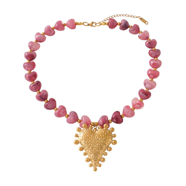 Summer vacation colorful resin heart stainless steel pendant necklace for women