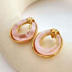 Concise colorful resin circle shape stainless steel earrings