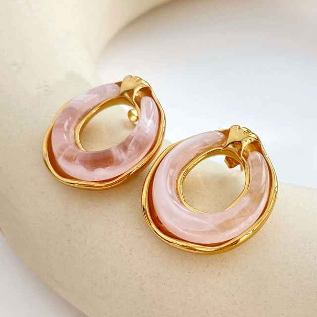 Concise colorful resin circle shape stainless steel earrings