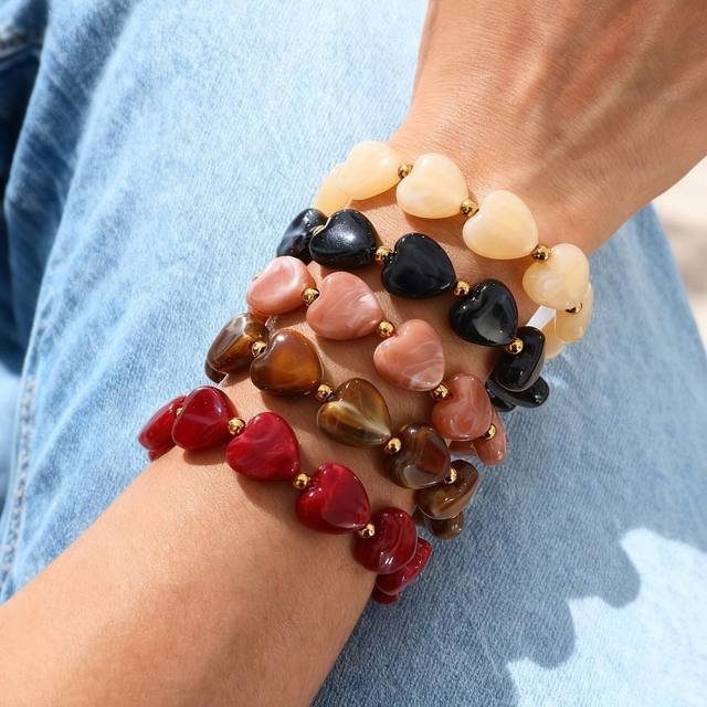 Colorful Resin Heart stainless Steel Beaded Bracelet Jewelry for Women