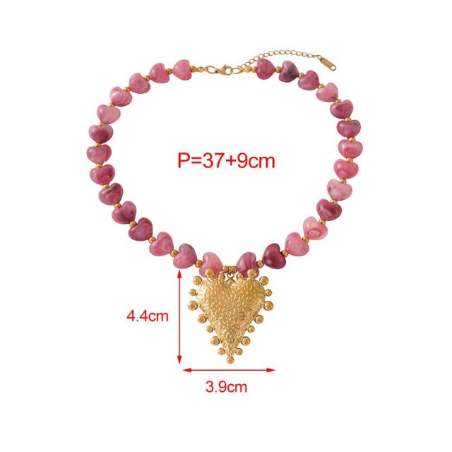 Summer vacation colorful resin heart stainless steel pendant necklace for women