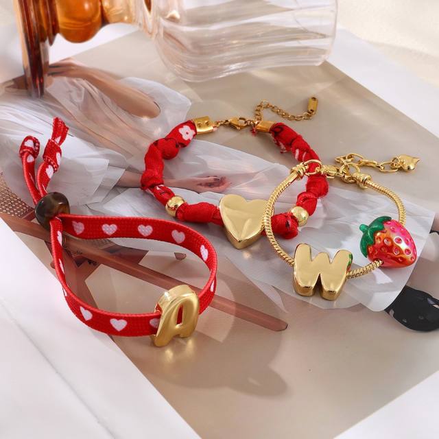 Hot-Selling Fresh Personalized Letter Strawberry Heart Beaded Printed Fabric Bracelet