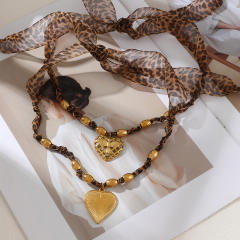 Leopard pattern fabric chain stainless steel bead pendant necklace cow head pendant necklace