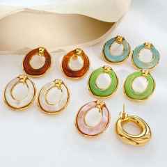 Concise colorful resin circle shape stainless steel earrings