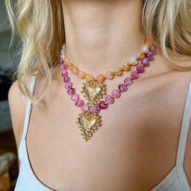Summer vacation colorful resin heart stainless steel pendant necklace for women