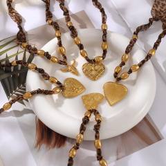 Leopard pattern fabric chain stainless steel bead pendant necklace cow head pendant necklace