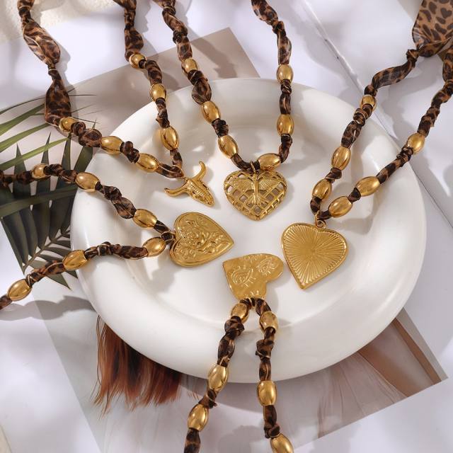 Leopard pattern fabric chain stainless steel bead pendant necklace cow head pendant necklace