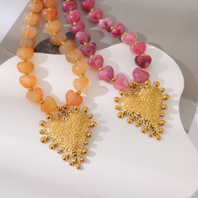 Summer vacation colorful resin heart stainless steel pendant necklace for women