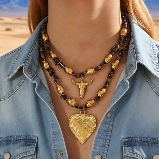 Leopard pattern fabric chain stainless steel bead pendant necklace cow head pendant necklace
