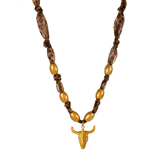 Leopard pattern fabric chain stainless steel bead pendant necklace cow head pendant necklace