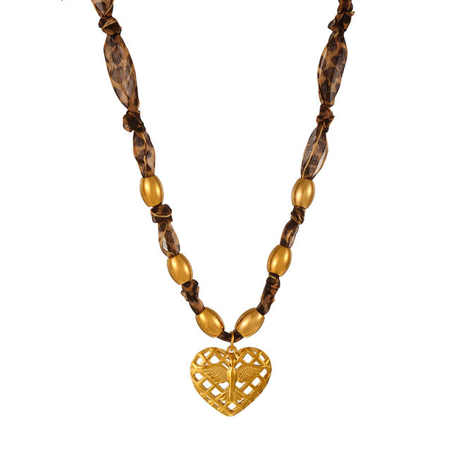 Leopard pattern fabric chain stainless steel bead pendant necklace cow head pendant necklace