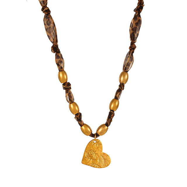 Leopard pattern fabric chain stainless steel bead pendant necklace cow head pendant necklace