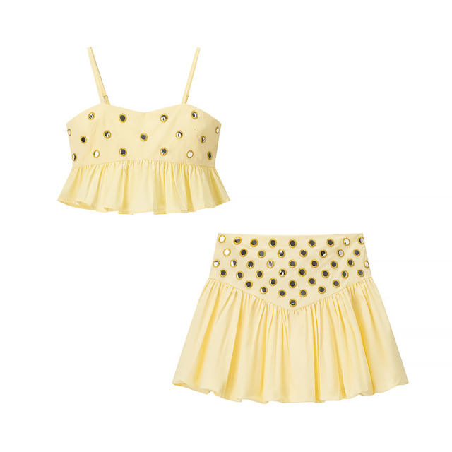 New Summer Pure Color Suspender Short Top High Waist Skirt set for women
