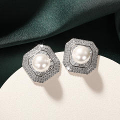Zircon-Encrusted Imitation Pearl Earrings