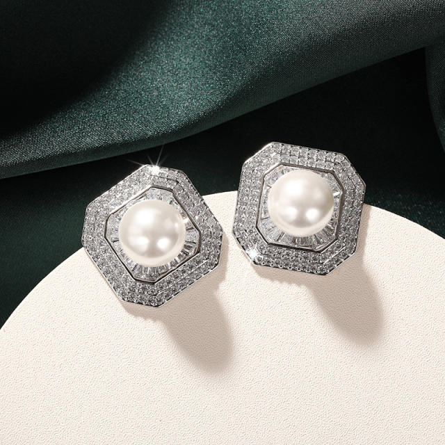 Zircon-Encrusted Imitation Pearl Earrings