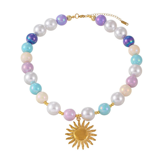 Sweet colorful acrylic resin bead chain stainless steel pendant necklace