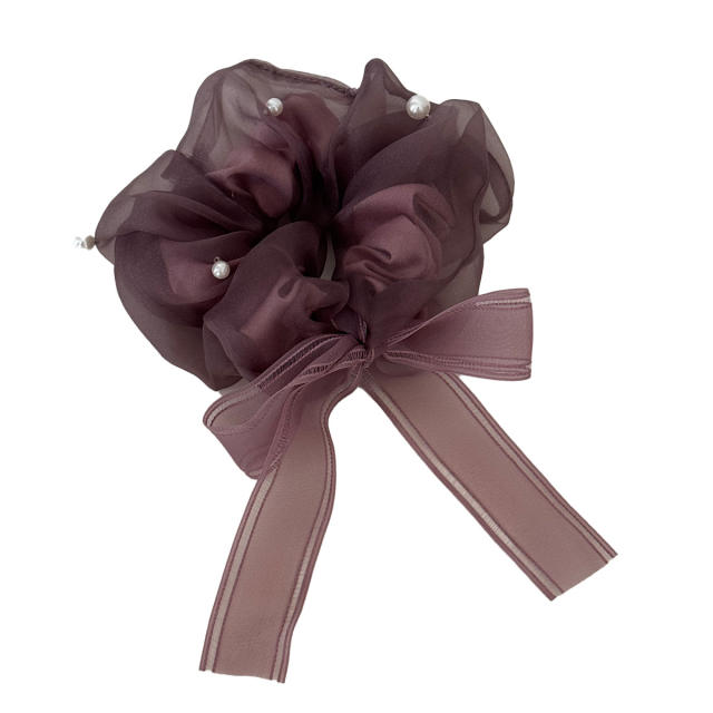 Korean fashion mesh scrunchies hair ties with pearl bow