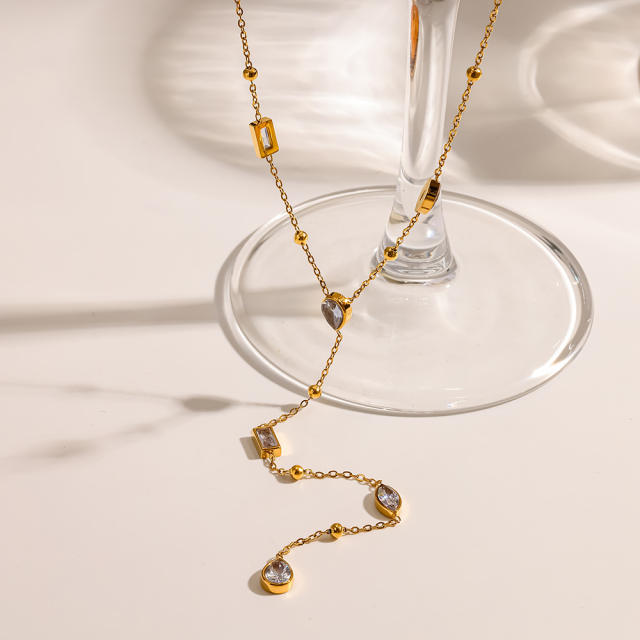 18KG horse eye diamond Y shape stainless steel necklace long necklace