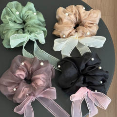 Korean fashion mesh scrunchies hair ties with pearl bow