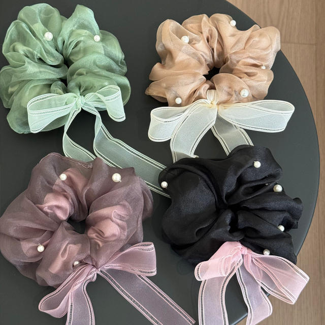 Korean fashion mesh scrunchies hair ties with pearl bow
