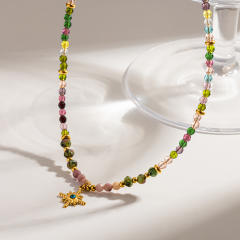 Popular Natural Stone Glass Bead Necklace with Stainless Steel Eight-Pointed Star Pendant