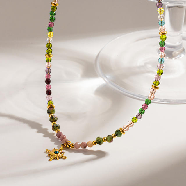 Popular Natural Stone Glass Bead Necklace with Stainless Steel Eight-Pointed Star Pendant